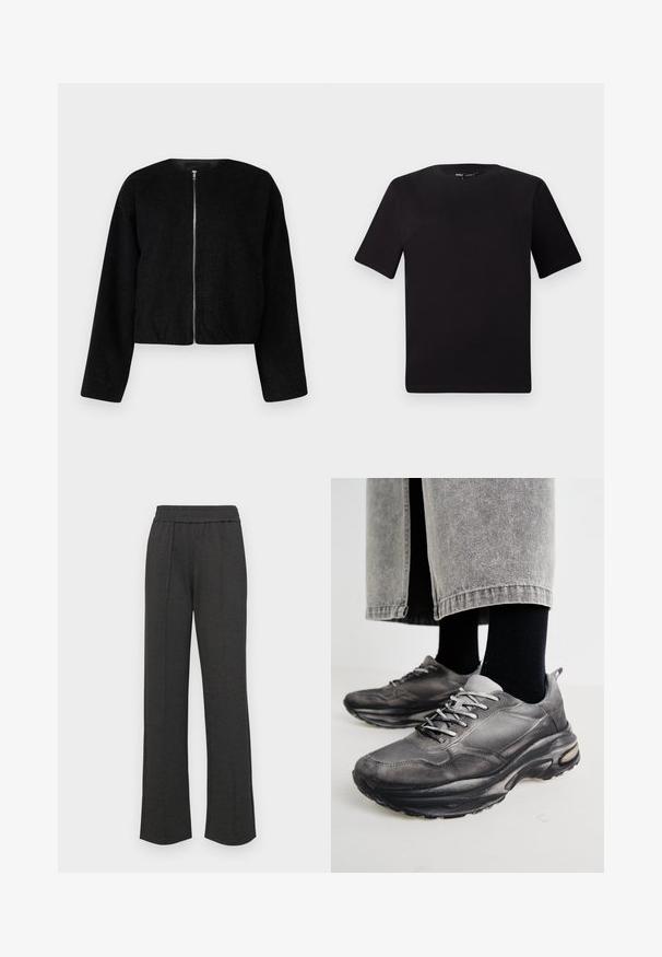 Black cropped jacket made from textured fabric, featuring a round neckline and a full front zipper. Long sleeves with a relaxed fit.; Black short-sleeve t-shirt with a round neckline, crafted from soft cotton fabric. Simple design, no visible logos or patterns.; Black straight-leg pants with an elastic waistband, front pleats, soft fabric, and no visible patterns or hardware details.; Black and gray athletic shoes feature a mesh upper, thick soles, and laces. They have a rounded toe and visible cushioning detail.