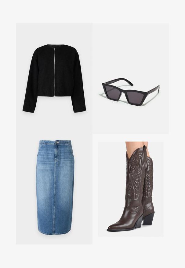 Melnā apgriezta jaka, izgatavota no teksturēta auduma, ar apaļu kakla izgriezumu un pilnu priekšējo rāvējslēdzēju. Garas piedurknes ar brīvu piegriezumu.; Melnā garām piedurknēm ribota blūze ar augstu apkakli un aizmugurē esošu rāvējslēdzēju, ar pieguļošu siluetu un mīkstu tekstūru.; Gaiši zilā denima zīda svārki ar taisnu griezumu, priekšējo pogu aizdari un diskreto izbalējušu efektu. Malu garums ir nedaudz virs ceļgaliem.; Brūni ādas kovboju zābaki ar norādītu purngalu un blokveida papēdi, ar detalizētu šūšanu un paceltiem akcentiem uz kājas daļas.; Melni, stūrveida saulesbrilles ar pelēkiem objektīviem; izgatavotas no plastmasas, ar biezām kājām, kam ir gluda virsma un nav redzamu stiprinājumu.; Melnā hobo soma, kas izgatavota no gludas ādas līdzīga materiāla, ar savītu rokturi, ar mīkstu, noapaļotu formu un augšējo rāvējslēdzēju.