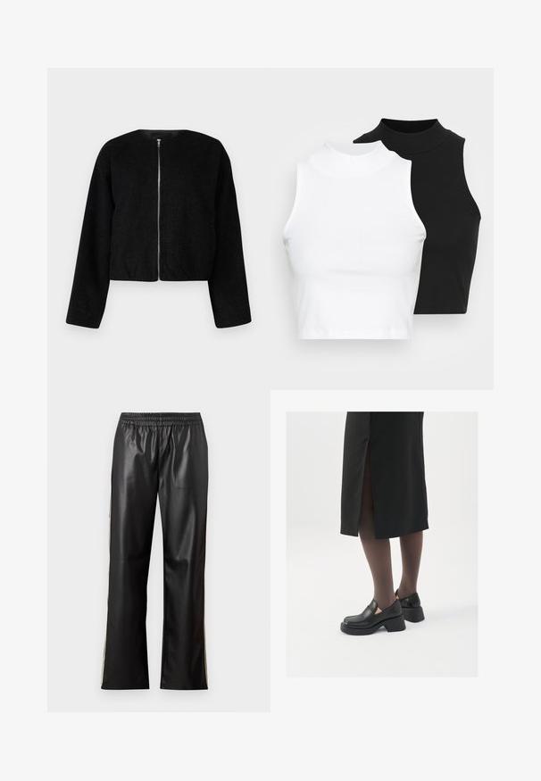 Black cropped jacket made from textured fabric, featuring a round neckline and a full front zipper. Long sleeves with a relaxed fit.; Two sleeveless ribbed turtleneck tops in black and white, featuring a fitted design and smooth texture, with cropped length.; Black faux leather pants with an elastic waistband, straight leg design, and contrasting side stripes. Smooth texture and minimalist style.; Black leather shoes with a rounded toe, thick block heel, and elastic side accents, paired with dark tights and a black skirt with a slit.
