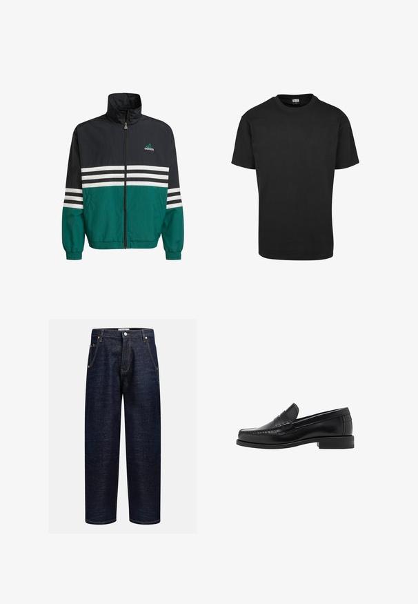 Črna in turkizna jakna z vetrovko z visokim ovratnikom, z zadrgo in belimi horizontalnimi črtami. Ima logotip Adidas na prsih.; Črna bombažna majica s krožno odprtino, kratkimi rokavi in ravnim robom. Gladka tekstura; preprost, nezakrit dizajn.; Temno modri kavbojke ravnega kroja, ki vsebujejo pet žepov, bakrene zakovice in kontrastno šivano ob robovih.; Črne usnjene loafer čevlje z gladko površino, šivani detajli na prstu in nizka peta za udobje in stil.