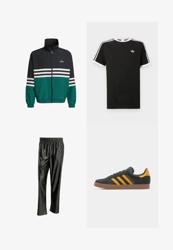 Fekete és zöld színű széldzseki, magas gallérral, cipzáras zárással és fehér vízszintes csíkokkal. Az előtérben Adidas logó található.; Fekete, pamutból készült póló, fehér díszítéssel. Rövid ujjú, raglan fazonú, a mellkasán kis logóval. Három fehér csík az vállakon.; Fekete, fényes sportnadrág sima, szintetikus anyagból. Rugalmas derékkal és oldalsó cipzáros zsebekkel rendelkezik. Laza fazonú.; Fekete velúrbőr sportcipő sárga díszítéssel, három csíkkal és barna gumitalppal. Párnázott nyelvével a kényelem érdekében.