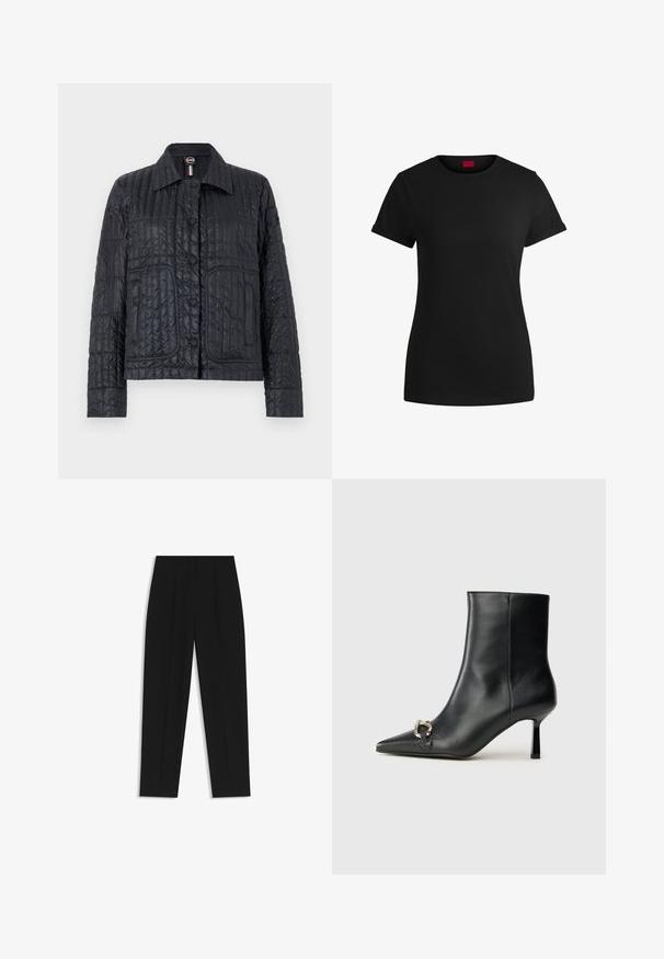 Vaatteena musta vuorattu takki, joka on valmistettu kiiltävästä materiaalista. Siinä on kauluspanta, napitukset edessä, kaksi etutaskua ja ribbitekstuuri.; Mustapaita, jossa on lyhyet käärityt hihat, pyöreä kaula-aukko ja punainen etiketti. Sileä pinta, istuva muoto ja minimaalinen yksityiskohtaisuus.; Mustat housut suoran istuvuuden kanssa, joissa on kaksinkertaiset laskokset, sileä pinta ja klassinen vyötärönauhan muotoilu. Ei näkyviä metalliosia tai koristeita.; Musta nahkasaapas nilkkapituisilla, terävillä kärjillä, hoikalla keskipituisella korolla ja hopeavöillä sivussa yksinkertaista taustaa vasten.