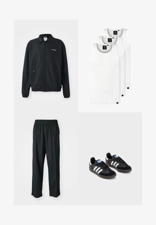 Svart zip-up jakke laget av lett stoff. Har en spiss krage, to sidelommer med glidelås og et brodert logo på brystet.; Tre hvite ribbestrikkede tank topper laget av bomull. Har en rund hals og små svarte etiketter nær kanten. Tilgjengelig i flere størrelser.; Sorte idrettsbukser med elastisk midje, laget av glatt stoff, med subtile sidesømmer og en avslappet passform, rett ben-design.; Svarte sneakers med overdel i semsket lær og syntetisk materiale, med tre hvite striper, strukturert gummisåle og blå logoetikett på tungen.