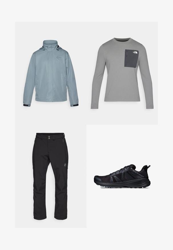 Jasnoniebieska wodoodporna kurtka z wysokim kołnierzem, regulowanym kapturem, kieszeniami z przodu i elastycznymi mankietami. Zawiera subtelne logo na klatce piersiowej.; Szara koszula z długim rękawem o teksturowanej tkaninie, z ciemnoszarym kieszonką na piersi i zapięciem na zamek. Logo na kieszeni w kolorze białym.; Czarne spodnie outdoorowe o prostym kroju, wykonane z trwałej tkaniny. Posiadają dwie przednie kieszenie na zamek oraz logo na udzie.; Czarny but do biegania po szlakach z siateczkowym i syntetycznym wierzchem, teksturowaną podeszwą, wzmocnionym noskiem i wyraźnym logo po boku.