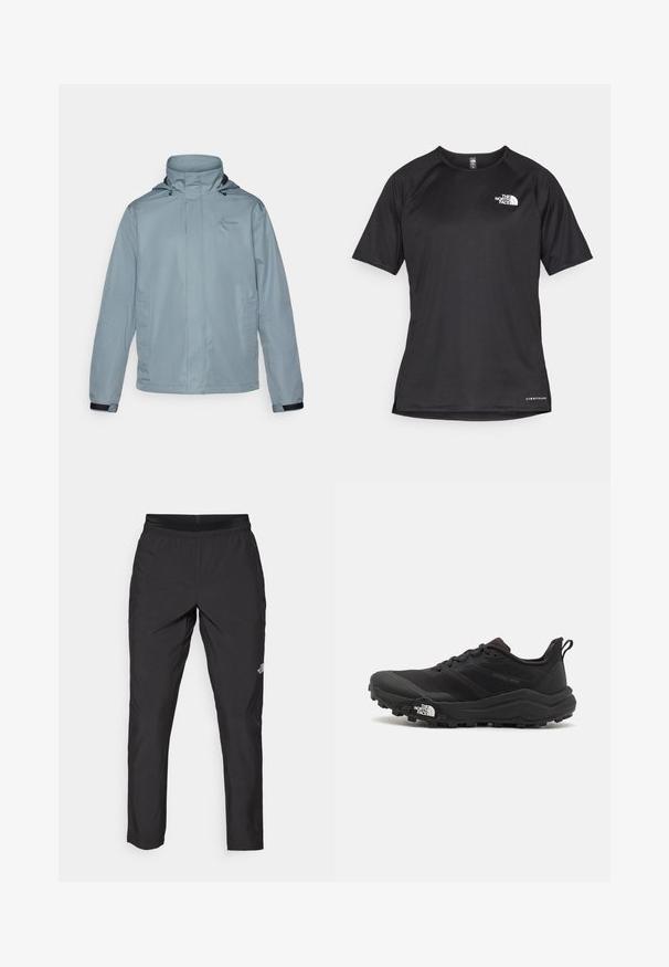 Světle modrá nepromokavá bunda s vysokým límcem, nastavitelnou kapucí, předními kapsami a elastickými manžetami. Obsahuje decentní logo na hrudi.; Černé sportovní tričko s krátkým rukávem a strukturovanou tkaninou, se bílým logem na levé hrudi a rovým lemem.; Černé sportovní kalhoty s elastickým pasem, vyrobené z lehkého materiálu, s malým logem na spodní části nohavice a rovný střih nohavic.; Černé trailové běžecké boty s texturovaným svrškem, gumovou podrážkou a vyztuženou špičkou. Obsahují polstrovaný límec a poutko pro snadné obouvání.