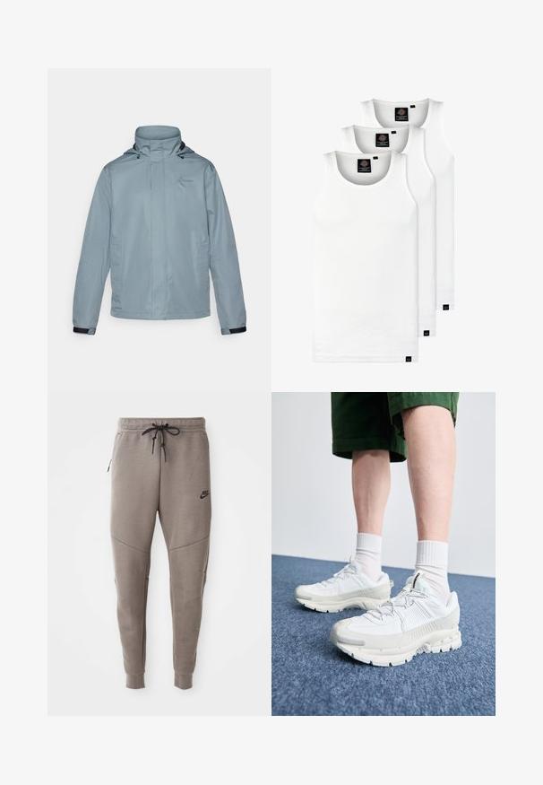 Light blue waterproof jacket with a high collar, adjustable hood, front pockets, and elastic cuffs. Includes a subtle logo on the chest.; Three white ribbed tank tops made of cotton. Features a crew neck and small black labels near the hem. Available in multiple sizes.; Gray Nike sweatpants with a drawstring waistband, tapered legs, side pockets, and distinct seam detailing. Soft, textured fabric.; White athletic shoes with textured overlays, a chunky sole, and gray accents. Worn with white crew socks and green shorts on a blue surface.