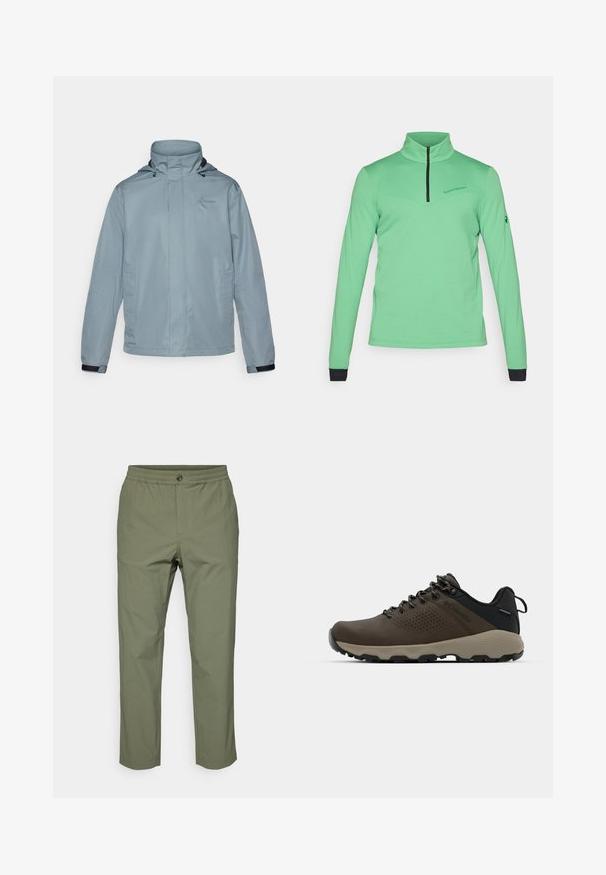 Šviesiai mėlynas neperšlampamas švarkas su aukštu apykakle, reguliuojama kapišonu, priekinėmis kišenėmis ir elastinėmis rankovėmis. Ant krūtinės yra subtilus logotipas.; Žalias ilgomis rankovėmis megztinis su aukštu apykaklės, pusiau užtrauktuku priekyje ir kontrastingais juodais rankogaliais. Yra subtilus logotipas ant krūtinės.; Olivinės žalios spalvos kelnės, pagamintos iš lengvos medžiagos, su elastinga juosmens juosta, sagos uždarymu ir tiesiomis kojomis, be matomų raštų.; Rudi nepralaidūs sportbačiai su tekstūruota viršutine dalimi, perforuotomis detalėmis, juodu kulno palaikymu ir pilku guminio padu. Šniūreliai yra dekoruoti metaliniais galais.