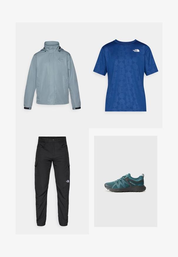 Light blue waterproof jacket with a high collar, adjustable hood, front pockets, and elastic cuffs. Includes a subtle logo on the chest.; Blue short-sleeve shirt with a textured geometric pattern and a white logo on the upper left. Made from a lightweight, breathable material.; The North Face HORIZON PANT - Outdoor trousers - black; Columbia PEAKFREAK ROAM - Hiking shoes - everblue/dark grey