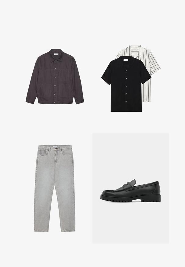 Tumehall soe jakk kraegekollaga, ees nupuga kinnitamine ja kaks suurt taskut. Valmistatud vastupidavast kangast, sisaldab õrna õmbluse aktsente.; Kaks lühikeste varrukatega särki: üks ühtlane must, teine valge mustade vertikaalsete triipudega. Mõlemal on nööbiga kinnitamine ja klassikaline krae.; Heledad hallide denimpüksid otse säärekujundusega, viie-taskulise stiliseerimise ja nupukinnitusega. Nähtav õmblus kõrvuti.; Mustad musta nahast loafers, millel on ümar varvas, tikandiga disain, madal platvorm-soon ja tekstureeritud, soonikkummist välistald.