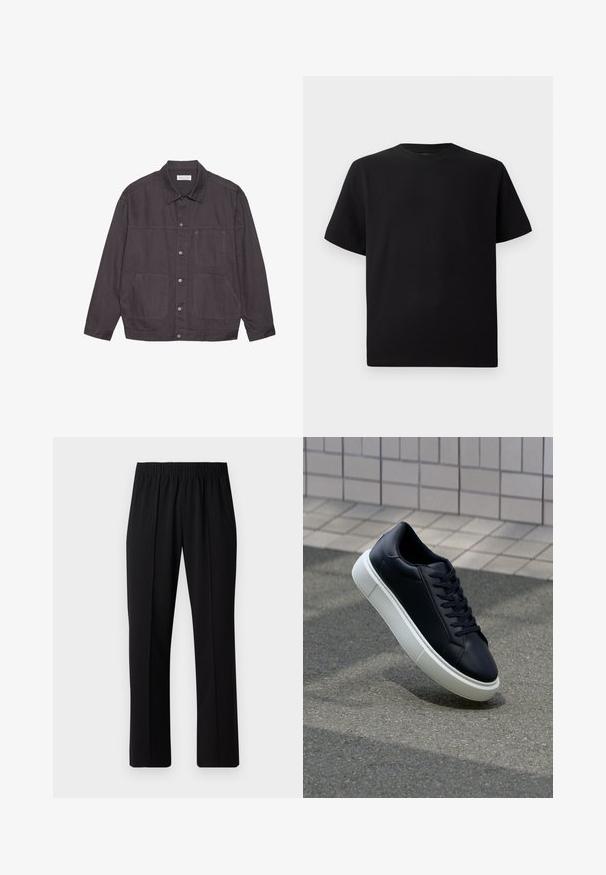 Donkergrijze jas met een kraag, knoopsluiting aan de voorkant en twee grote zakken. Gemaakt van duurzame stof, met subtiele stiksels als accent.; Zwarte T-shirt met korte mouwen van gemerceriseerd stof, met een ronde halslijn en een relaxte pasvorm. Eenvoudig, zonder patronen of accenten.; Zwarte, elastische broek met rechte pijpen, met een gladde textuur en zonder zichtbare patronen of hardware.; Zwarte leren sneaker met een ronde neus en een witte rubberen zool. Voorzien van platte veters en minimale stiksels op het bovenwerk. Textuurrijke zool voor grip.