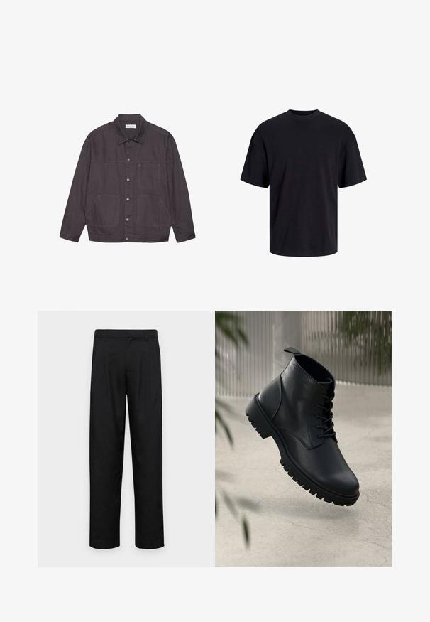Giacca grigio scuro con colletto, chiusura frontale a bottoni e due ampie tasche. Realizzata in tessuto resistente, presenta dettagli di cucitura discreti.; T-shirt in cotone nero con collo rotondo, maniche corte e vestibilità morbida. Texture liscia senza pattern o dettagli visibili.; Pantaloni neri realizzati in tessuto liscio, caratterizzati da un taglio dritto, due pieghe frontali e una vita standard con passanti per la cintura.; Stivali alla caviglia in pelle nera con punta arrotondata, design con lacci e suola in gomma robusta. Texture liscia con una linguetta sul retro.