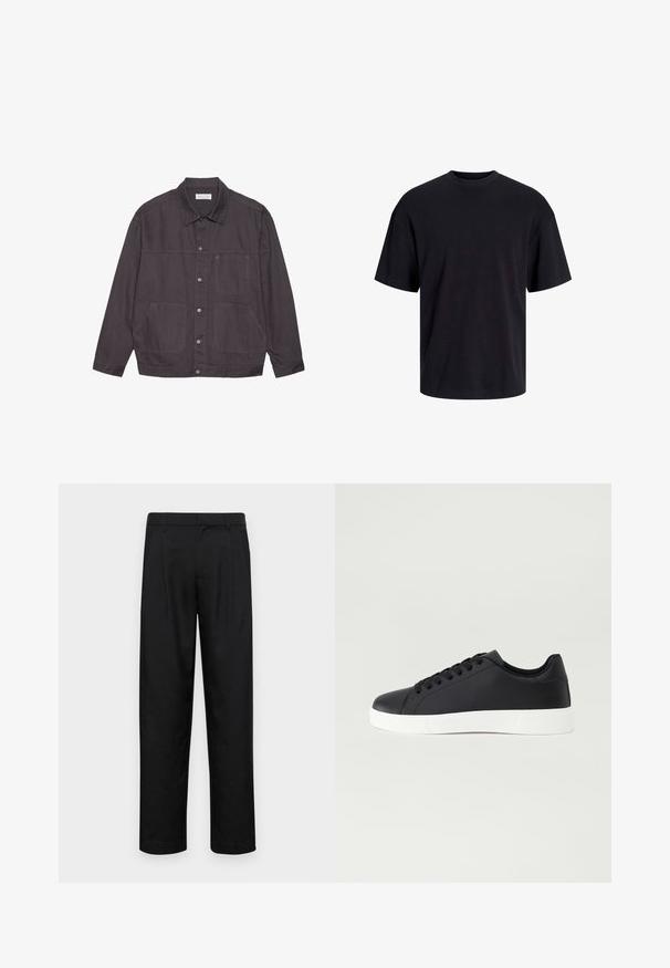 Dark gray jacket with a collared neck, front button closure, and two large pockets. Made of durable fabric, featuring subtle stitching accents.; Black cotton t-shirt with a crew neckline, short sleeves, and a relaxed fit. Smooth texture and no visible patterns or accents.; Black trousers made of smooth fabric, featuring a straight-leg design, two front pleats, and standard waistband with belt loops.; Pier One Trainers - black