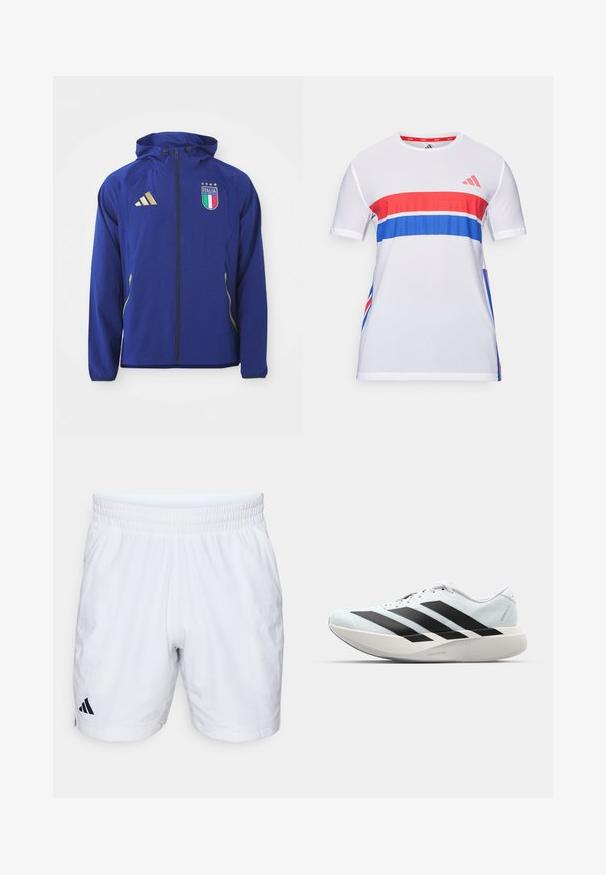 Modrá športová bunda s kapucňou, zlatými akcentmi a emblémom Talianska, s plným zipsom a dlhými rukávmi vyrobená z hladkej látky.; Biela športová tričko s červenými a modrými vodorovnými pruhmi, vyrobené z priedušného materiálu, s krátkymi rukávmi a dizajnom s okrúhlym výstrihom.; Biele atletické šortky s elastickým pásom, vyrobené z textúrovanej látky a s čiernym logom Adidas na dolnej ľavej strane.; Ľahké bežecké topánky v svetlomodrej farbe s čiernymi pruhmi. Majú hladký zvršok, okrúle špičky a hrubú bielu medzipodrážku označenú "LIGHTSTRIKE PRO."