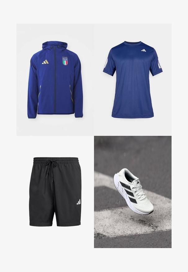 Plava atletska jakna s kapuljačom, zlatnim detaljima i emblemom Italije, koja ima punu patent zatvarač i duge rukave izrađene od glatkog materijala.; Temno plava kratka majica s kratkim rukavima za sport, izrađena od glatkog materijala, sa okruglim izrezom i bijelim logotipom na gornjem lijevom dijelu grudi.; Crne sportske kratke hlače od laganog materijala, s elastikom u struku i špagom za podešavanje, te bijelim Adidas logotipom na donjoj desnoj strani.; Bjela atletska cipela s mrežastim gornjim dijelom s teksturom, crnim prugama, vezanjem na vezice i podstavljenim potplatom, lebdi iznad označene ceste.