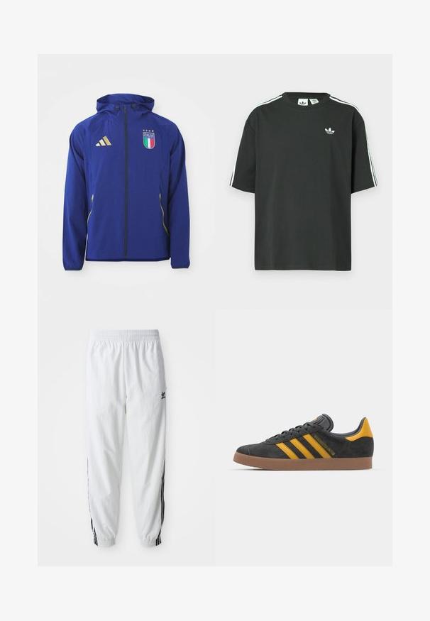 Jachetă sport albastră cu glugă, accente aurii și stema Italiei, având fermoar complet și mâneci lungi, realizată dintr-un material neted.; Tricou negru din bumbac cu mâneci scurte, guler rotund și detalii albe cu trei dungi pe umeri. Prezintă un logo mic alb pe piept.; Pantaloni atletici albi cu dungi negre pe lateral, talie elastică și manșete; prezintă logo-ul Adidas pe coapsa stângă. Textură a țesăturii netedă.; Tenisi negri din suede cu accente galbene, având trei dungi și o talpă din cauciuc maroniu. Include un limba căptușită pentru confort.