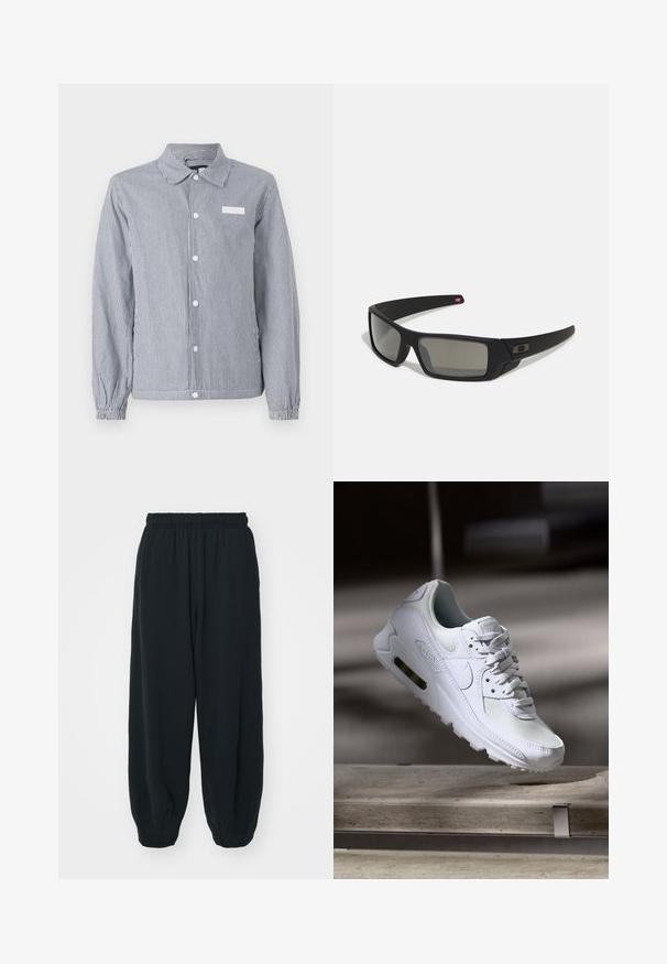 Camicia a righe botton-up in navy e bianco, con colletto, maniche lunghe con polsini elasticizzati e una piccola etichetta bianca sul petto.; Felpa nera in cotone, con scollo rotondo, maniche lunghe e un piccolo logo Nike bianco sul lato sinistro superiore del petto.; Pantaloni da jogging neri con vita elasticizzata, dalla vestibilità morbida, caviglie a costina, texture liscia e senza motivi visibili o dettagli in metallo.; Sneaker Nike Air Max 90 bianco con tomaia in mesh e pelle, punta forata e un'unità air visibile nel tallone.; Occhiali da sole neri con finitura opaca, lenti rettangolari, leggero curvatura sulle tempie, dettaglio logo discreto e lenti color fumo.