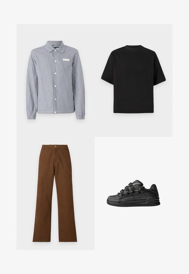 Camicia a righe botton-up in navy e bianco, con colletto, maniche lunghe con polsini elasticizzati e una piccola etichetta bianca sul petto.; T-shirt nera a maniche corte in vestibilità larga, realizzata in cotone morbido, con scollatura rotonda e design minimalista.; Pantaloni di cotone marrone con design a gamba dritta, chiusura con bottone e due tasche frontali. Texture liscia senza motivi o decorazioni visibili.; Sneaker nere con una toma in pelle liscia, dettagli testurizzati e lacci tondi neri e bianchi. Suola spessa in gomma con battistrada gommato.