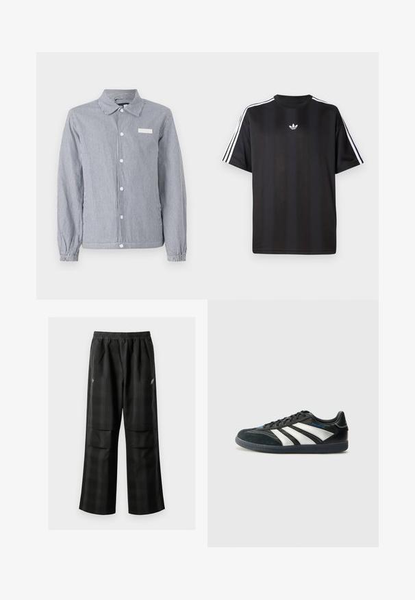 Camisa de botones a rayas en navy y blanco, con cuello, mangas largas con puños elásticos y una pequeña etiqueta blanca en el pecho.; Camiseta negra de manga corta con detalles de tres rayas blancas en los hombros y un pequeño logo blanco en el pecho. Textura de tela suave.; Pantalones de cuadros negros con cintura elástica, dos bolsillos frontales y un ajuste holgado con diseño de pierna recta. Fabricados en material ligero.; adidas Performance PREDATOR FREESTYLE JUDE INDOOR FOOTBALL SHOES - Botines de fútbol sala - core black/silver-coloured/glory blue