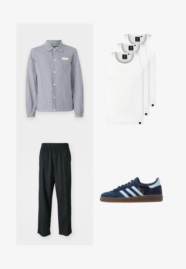Pruhovaná košile s knoflíky v námořnické modré a bílé barvě, vybavená límcem, dlouhými rukávy s elastickými manžetami a malou bílou nášivkou na hrudi.; Tři bílé žebrované tílka vyrobené z bavlny. Mají kulatý výstřih a malé černé štítky poblíž lemu. Dostupné v několika velikostech.; Černé sportovní kalhoty s elastickým pasem, vyrobené z hladké látky, s jemným bočním švem a pohodlným střihem, rovný střih nohavic.; Námořnické modré semišové tenisky Adidas s světle modrými pruhy, gumovou podrážkou, světle modrým patním poutkem a zlatým nápisem "Spezial" na boku.