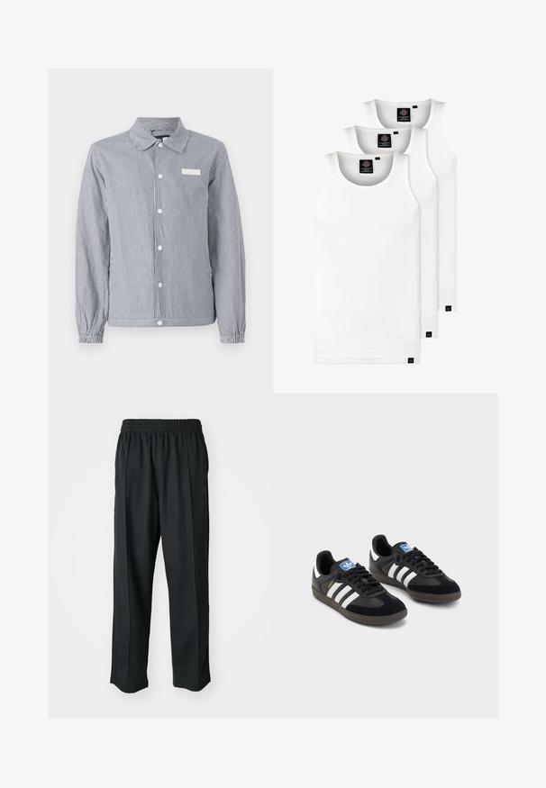 Striped button-up shirt in navy and white, featuring a collar, long sleeves with elastic cuffs, and a small white label on the chest.; Three white ribbed tank tops made of cotton. Features a crew neck and small black labels near the hem. Available in multiple sizes.; Black athletic pants with an elastic waistband, made of smooth fabric, featuring subtle side stitching and a relaxed fit, straight leg design.; Black sneakers with a suede and synthetic upper, featuring three white stripes, textured rubber sole, and blue logo tag on the tongue.