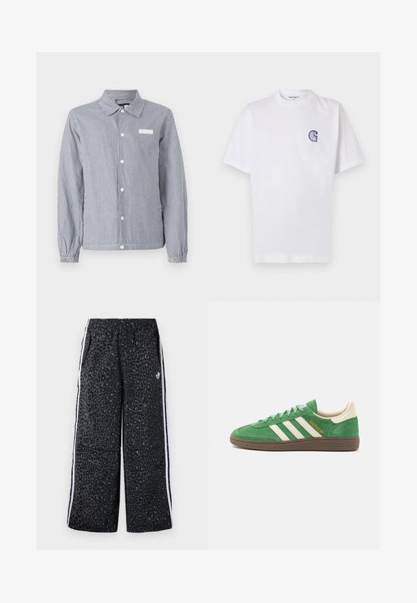 Prúžkovaná košeľa s gombíkmi v námorníckej modrej a bielej farbe, s golierom, dlhými rukávmi s elastickými manžetami a malou bielou nálepkou na hrudi.; Biele bavlnené tričko s krátkymi rukávmi, okrúhlym výstrihom a malým vyšivaným modrým logom "C" na ľavej strane hrudníka.; adidas Originals GRAPHIC UNISEX - Tepláky - black; Zelené semišové tenisky s bielym trojpruhovým dizajnom, krémovými akcentmi a hnedou textúrovanou podrážkou. "SPEZIAL" vyšitý zlatom po boku.