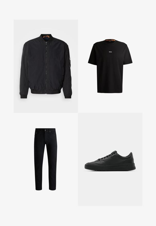 Černá bomber bunda se zipem vpředu, žebrovanými manžetami a límcem. Disponuje hladkým, lehkým materiálem a boční kapsou se zipem.; Černé bavlněné tričko s kulatým výstřihem, krátkými rukávy a bílým logem "BOSS" umístěným na hrudi. Hladká textura, volný střih.; Černé slim-fit džíny s pěti kapsami, zapínáním na knoflík a poutek na opasek, vystavené na bílém pozadí.; Černé tenisky s hladkým koženým svrškem, kulatou špičkou, plochými tkaničkami, polstrovaným límcem a minimalistickým designem. Gumová podrážka s jemným vzorkem.