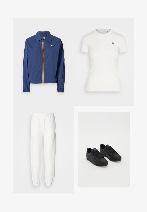 Navy blue jacket with a pointed collar, front zip closure featuring a multicolored stripe, elasticized cuffs, and a logo on the chest.; White short-sleeve ribbed t-shirt with a round neckline and a small green Lacoste crocodile logo on the left chest. Smooth cotton fabric.; White sweatpants made of soft, knitted fabric. Elastic waistband and cuffs provide a relaxed fit. Minimalist design, no visible patterns or accents.; Black low-top sneakers made of smooth material, featuring thick laces, a textured sole, and a small logo on the side and tongue.