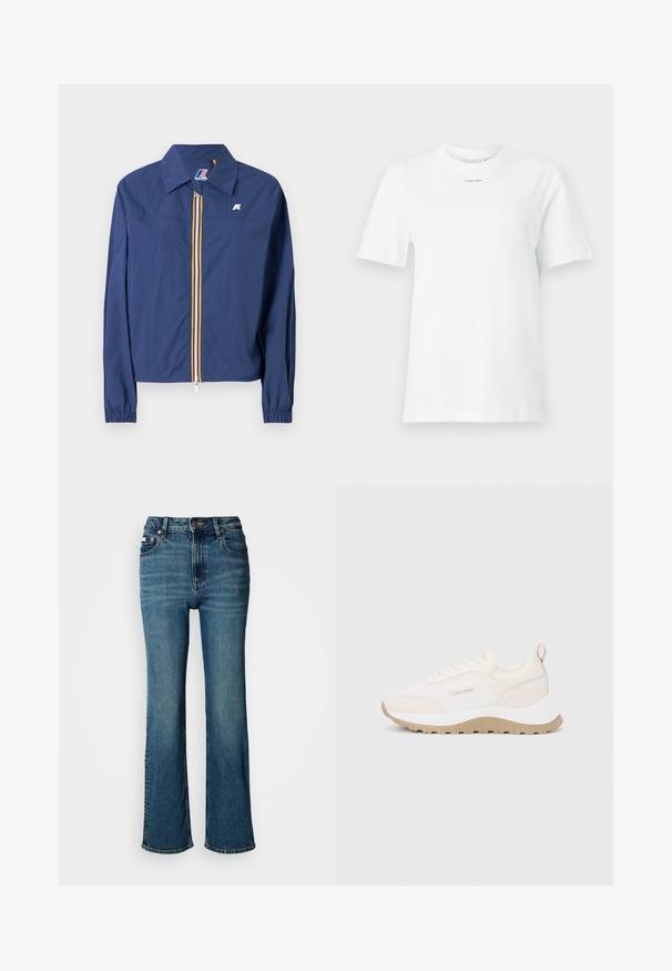 Tummansininen takki, jossa on kärjellinen kaulus, edessä vetoketju monivärisellä raidalla, joustavat hihansuut ja logo rinnassa.; Valkoinen puuvillainen t-paita, jossa on pyöreä kaula-aukko, lyhyet hihat ja pieni musta "Calvin Klein" -logo rinnassa. Yksinkertainen muotoilu, ilman kuvioita.; Korkeavyötäröiset siniset farkut, jotka on valmistettu denimistä, ja joissa on suora lahje, hienovarainen haalistuminen sekä tavallinen nappi- ja vetoketjusuljenta.; Calvin Klein -kengät vaaleassa ja béžessä värissä, teksturoidulla kankaalla, paksulla pohjalla, nauhaketjulla ja kantapäässä lenkki helpompaa pukeutumista varten.