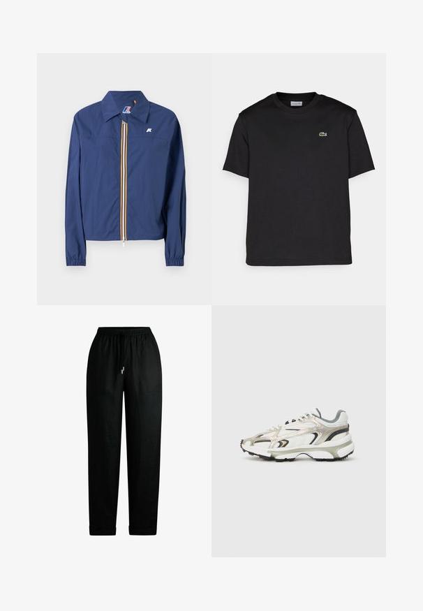 Marineblauwe jas met een puntige kraag, vooraan met ritssluiting en een veelkleurige streep, elastische manchetten en een logo op de borst.; Zwart katoenen t-shirt met een ronde halslijn, korte mouwen en een klein groen geborduurd logo op de linkerborst. Eenvoudig ontwerp.; Zwarte lichtgewicht broek met een elastische tailleband en verstelbare trekkoord. Rechte snit, met twee zijzakken en opgerolde mouwen.; Chunky sneaker in wit, grijs en metallic zilver met textureerde panelen. Heeft een dikke zwarte rubberen zool en een opvallend overlay-ontwerp.