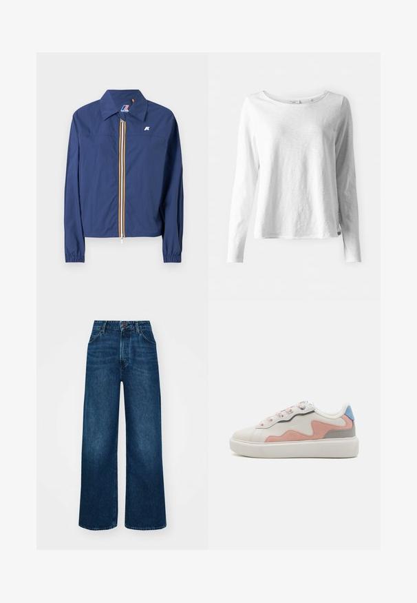 Jachetă bleumarin cu guler ascuțit, închidere cu fermoar frontal, cu o bandă multicoloră, manșete elastice și un logo pe piept.; Tricou alb cu mânecă lungă dintr-un material moale și ușor; are un guler rotund și o croială ușor relaxată; eticheta este vizibilă pe lateral.; Jeans cu talie înaltă și picioare largi, din denim albastru închis, cu o textură netedă, cusături în contrast și design cu cinci buzunare. Închidere frontală cu nasture.; Tenisi joși cu un upper sintetic alb, accente de suede roz și gri, talpă din cauciuc alb texturat și șireturi colorate.