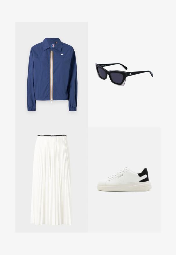 Marineblaue Jacke mit spitzem Kragen, Frontreißverschluss mit mehrfarbigem Streifen, elastischen Bündchen und einem Logo auf der Brust.; Baumwoll-T-Shirt mit horizontalen navy-blauen Streifen auf weißem Hintergrund. "Tommy Hilfiger" in Kursivschrift auf der Brust gestickt. Runder Halsausschnitt.; Faltenrock aus Weiß mit einem schwarzen elastischen Bund, der das "LACOSTE"-Logo trägt. Mittellanges Design mit weicher Textur.; Weiße Leder-Sneaker mit einer dicken weißen Sohle, schwarzem Wildlederakzent an der Ferse und geprägtem Logo an der Seite. Schnürdesign mit sechs Ösen.; Schwarze übergroße Sonnenbrille mit geometrischer Form, ausgestattet mit dunklen Gläsern und einem kontrastierenden grauen Detail im Rahmen. Logo am Bügel.