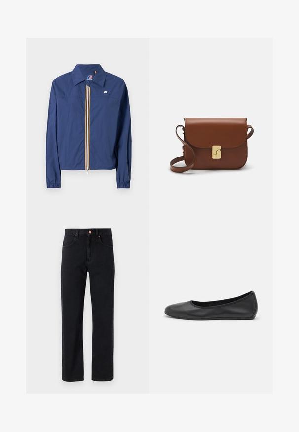 Casaco azul-marinho com colarinho pontudo, fecho com zíper frontal, apresentando uma faixa multicolorida, punhos elásticos e um logotipo no peito.; T-shirt de manga curta branca feita de tecido canelado. Decote redondo, ajuste regular e detalhes de costura subtis. Sem padrões ou gráficos.; Jeans de ganga pretos com corte reto, design de cinco bolsos, detalhes em botão cobre e costura mínima visível.; Bailarina preta em pele com bico arredondado, textura suave, detalhe de costura minimalista e design de sola flexível.; Bolsa de couro castanho com fecho de aba, decoração em tom dourado, alça de ombro e textura suave. Formato retangular compacto.