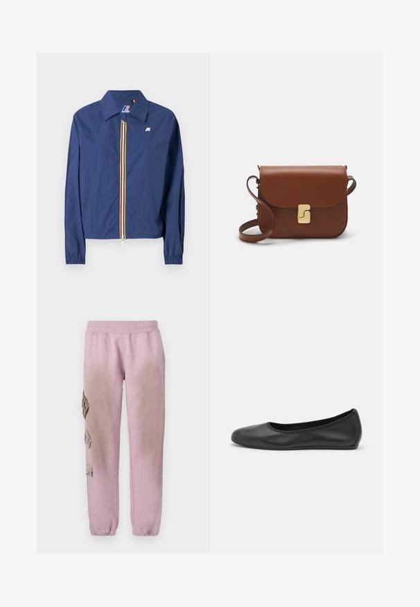 Navy blue jacket with a pointed collar, front zip closure featuring a multicolored stripe, elasticized cuffs, and a logo on the chest.; White short-sleeve t-shirt made of ribbed fabric. Round neckline, regular fit, and subtle stitching details. No patterns or graphics.; Pink sweatpants with an elastic waistband, featuring decorative patches in diamond shapes on the left side and elastic cuffs at the ankles.; Black leather ballet flat with a rounded toe, smooth texture, minimal stitching detail, and a flexible sole design.; Brown leather handbag with a flap closure, gold-tone hardware, a shoulder strap, and a smooth texture. Compact rectangular shape.