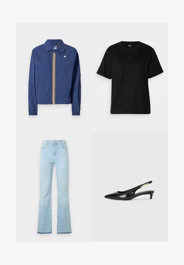 Giacca blu navy con colletto a punta, chiusura frontale con zip e una striscia multicolore, polsini elasticizzati e un logo sul petto.; Maglietta in cotone nera con scollatura tonda, maniche corte e logo ricamato sul petto. Design semplice e vestibilità rilassata senza motivi.; Jeans flare azzurri in denim, caratterizzati da una vita alta, tasche anteriori e un orlo grezzo ai polsini per un look casual.; Tacchi slingback in pelle nera con punta affusolata, caratterizzati da un tacco alto e un accento dorato sulla cinghia regolabile. Texture liscia.