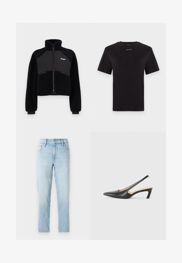 Black zip-up jacket with fleece and smooth fabric panels, high collar, and ribbed cuffs. Features logo on the chest and front zip pockets.; Black cotton t-shirt with short sleeves, crew neck, and small white "Calvin Klein" logo at the chest. Smooth texture, classic fit.; Light blue denim jeans, straight-leg design, mid-rise waist, with five-pocket styling and a button closure at the front.; Black pointy-toed slingback shoe with a low heel, featuring smooth leather material and cut-out design on the side for breathability.