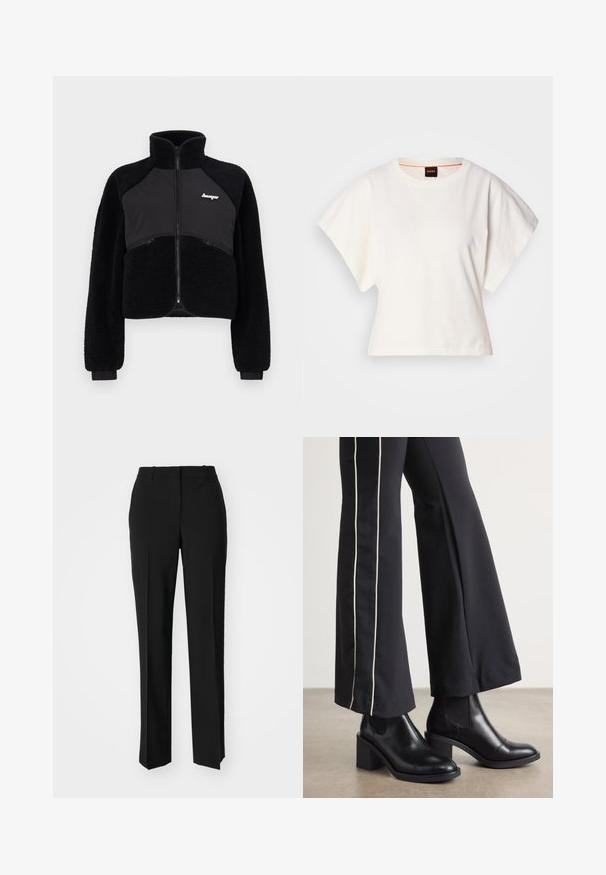 Črna zip-up jakna z flisom in gladkimi tkaninami, visokim ovratnikom in rebrastimi manšetami. Ima logo na prsih in sprednja žepa na zadrgo.; Bela skrajšana majica s kratkimi širokimi rokavi, mehka bombažna tkanina, okrogla ovratnica z diskretnim oranžnim robom, minimalističen dizajn, brez vzorcev ali grafike.; Črne krojene hlače s direktnim krojem, ki se ponašajo z gladko teksturo in ostrimi pregibi spredaj. Ni vidne kovine.; Črne usnjene gležnjarje s blok peto, z elastičnimi stranskimi paneli. Kombinirane s črnimi hlačami, ki imajo bele stranske črte.