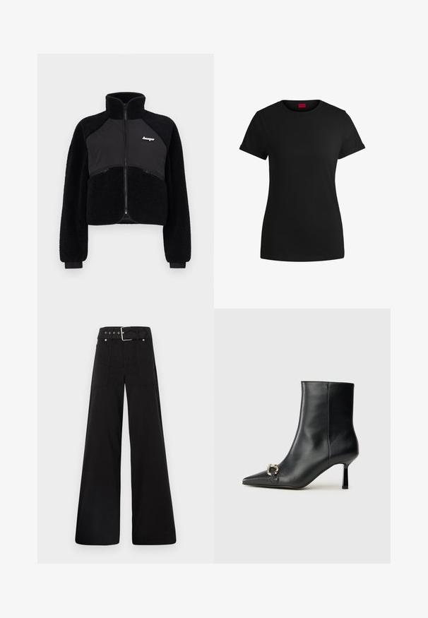 Svart hettejakke med fleece- og glatte stoffpaneler, høy krage og ribbestrikket mansjetter. Har logo på brystet og frontlommer med glidelås.; Svart bomulls-t-skjorte med korte, rullede ermer, rund halslinning og rød etikett. Glatt tekstur, tettsittende fasong med minimale detaljer.; Sorte vidde bukser laget av bomull, med høy midje, store sidelommer og belte med sølv detaljer.; Sorte lær ankle boot med spiss tå, slank mid-høyde hæl og sølvspenne på siden mot en enkel bakgrunn.