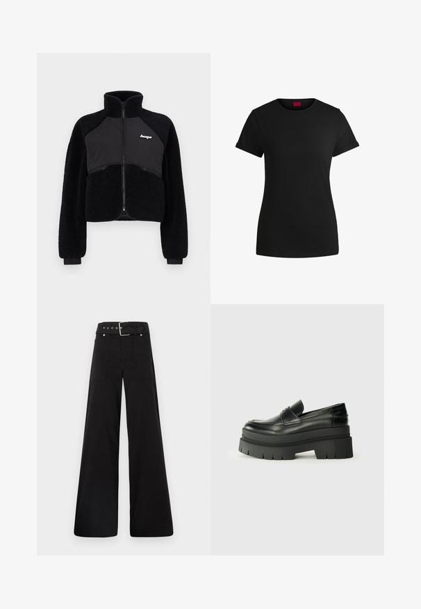Giacca nera con zip, composta da pannelli in pile e tessuto liscio, colletto alto e polsini a costine. Presenta il logo sul petto e tasche con zip frontali.; T-shirt in cotone nero con maniche corte arrotolate, scollatura rotonda e etichetta rossa. Texture liscia, forma aderente con dettagli minimi.; Pantaloni neri a gamba larga realizzati in cotone, con vita alta, ampie tasche laterali e vita con cintura arricchita da dettagli in metallo argentato.; Mocassini neri in pelle con suola piatta spessa. Punta arrotondata, dettaglio della cucitura frontale e accenti di cucitura sottili. Suola piatta e testurizzata.
