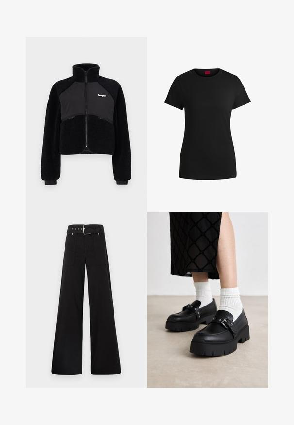 Jachetă neagră cu fermoar, realizată din panouri de fleece și materiale netede, cu guler înalt și manșete ribbate. Prezintă logo pe piept și buzunare frontale cu fermoar.; Tricou din bumbac negru, cu mâneci scurte și răsucite, decolteu rotund și etichetă roșie. Textură netedă, formă ajustată și detalii minime.; Pantaloni negri cu croială largă, confecționați din bumbac, cu talie înaltă, buzunare laterale mari și talie prevăzută cu brâu cu accente din metal argintiu.; Loaferi negri cu talpă platformă, din piele netedă, având un detaliu cu cataramă și accente cu cuie, asociați cu șosete albe cu dungi.