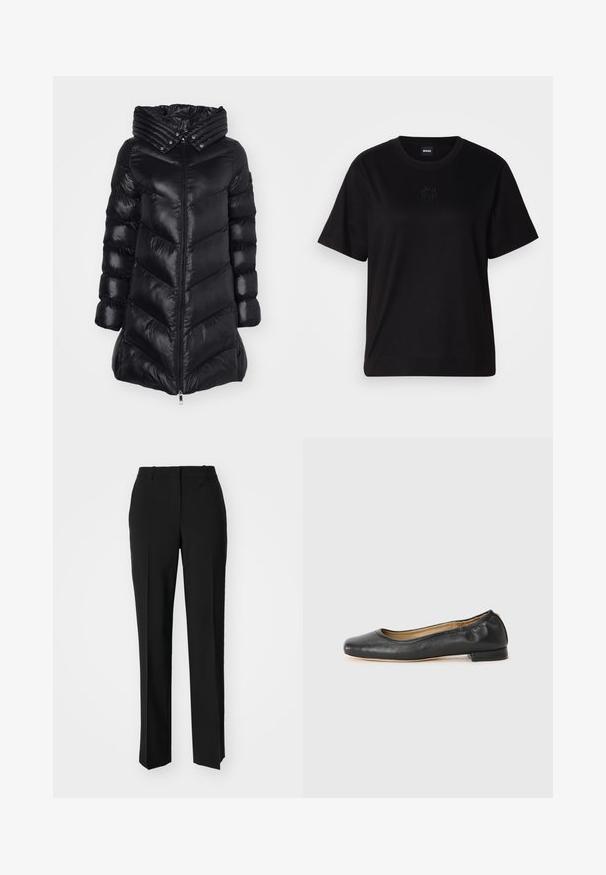 Melns pūkains mētelis ar chevrona izšuvumu, ar rāvējslēdzēju priekšā un noņemamu strukturētu apkakli, kurai ir horizontālas svītras. Mīksta, spīdīga tekstūra.; Melna kokvilnas T-krekls ar apaļu izgriezumu, īsām piedurknēm un izšūtu logotipu uz krūtīm. Vienkāršs, brīvs piegriezums bez rakstiem.; Melnas pielāgotas bikses ar taisnu kāju dizainu, kas raksturojas ar gludu faktūru un asiem krokām pa priekšu. Nav redzamu metāla detaļu.; Melnas ādas baleta kurpes ar noapaļotu purngali un minimālu šuvju skaitu. Zemas, taisnstūra formas papēdis un gluda tekstūra. Smalka iekšējā oderes detaļa.