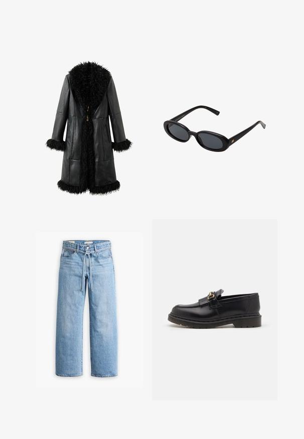 Zwarte leren jas met een fluffy zwarte bontkraag en -manchetten, een rechte snit en houten sluitingen. Twee zijzakken zijn inbegrepen.; Witte lange mouwen shirt gemaakt van zachte stof. Kenmerkt zich door een getailleerd ontwerp met geplooid detail bij de taille en een ronde halslijn.; Lichtblauwe denim wijde broek met een hoge taille, knoop- en ritssluiting, en een trekkoorddetail in de taille. Afgeronde zoomafwerking.; Zwarte leren instappers met een ronde neus, decoratieve franjes en gouden hardwareaccenten. Dikke rubberen zool voor extra grip en duurzaamheid.; Zwarte oversized zonnebril met ovale lenzen, een glad plastic montuur en gouden accenten op de pootjes. Donkere lenzen bieden bescherming tegen de zon.; Zwarte leren handtas met een gebogen ontwerp, twee lange handgrepen en zilveren hardware. Gladde textuur zonder zichtbare patronen of accenten.