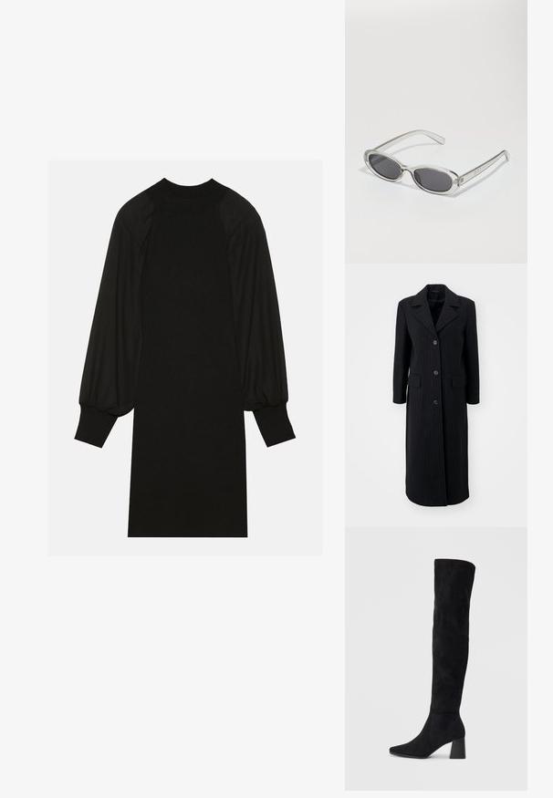 Must mustriga särk, millel on siseküljeline krae, pikad varrukad, kuus esimest nuppu ja kaks külgmist kinnitatavat taskut, valmistatud tekstuuriga kangast.; Mustmust kleit, millel on ribatud kangas, puffse varrukad ja kõrge kaelus. Siluett on sirge ja ulatub põlve.; Must must ümberpööratud musta nahast põlve kõrgune saapad blokknõelaga, terava varbaga ja sujuva, õmblusteta disainiga, asetatud heledale taustale.; Ovaalsed prillid, millel on selge plastraam, tumehallid läätsed ja õhukesed läbipaistvad sangad, kus on logode aktsendid ja minimaalne detailirohkus.; Must mustaga musta nahast, millel on kaks pikka kanda, sile tekstuur ja struktureeritud kuju. Esipoolsel on lisakoti jaoks tasku.