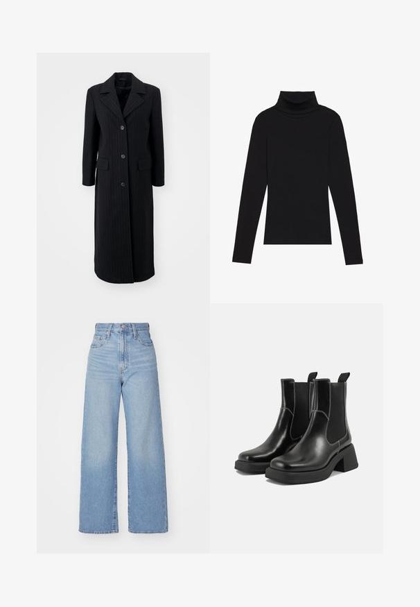 Melns svītrainais uzvalks ar iegrieztu apkakli, garām piedurknēm, sešiem priekšējiem pogām un divām sānu kabatām, izgatavots no teksturēta auduma.; Melnā turtlenecka garām piedurknēm augšdaļa, izgatavota no ribotas auduma, ar pieguļošu piegriezumu, augstu kakla izgriezumu un bez rakstiem vai akcentiem.; Gaiši zili augstās jostas vidukļa platās bikses ar priekšējo pogu un rāvējslēdzēju, priekšējām un aizmugurējām kabatām uz baltā fona.; Melni ādas Čelsijas zābaki ar masīvu papēdi, elastīgām sānu panelēm un kontrastējošu balto šuvumu. Teksturēts apdare.