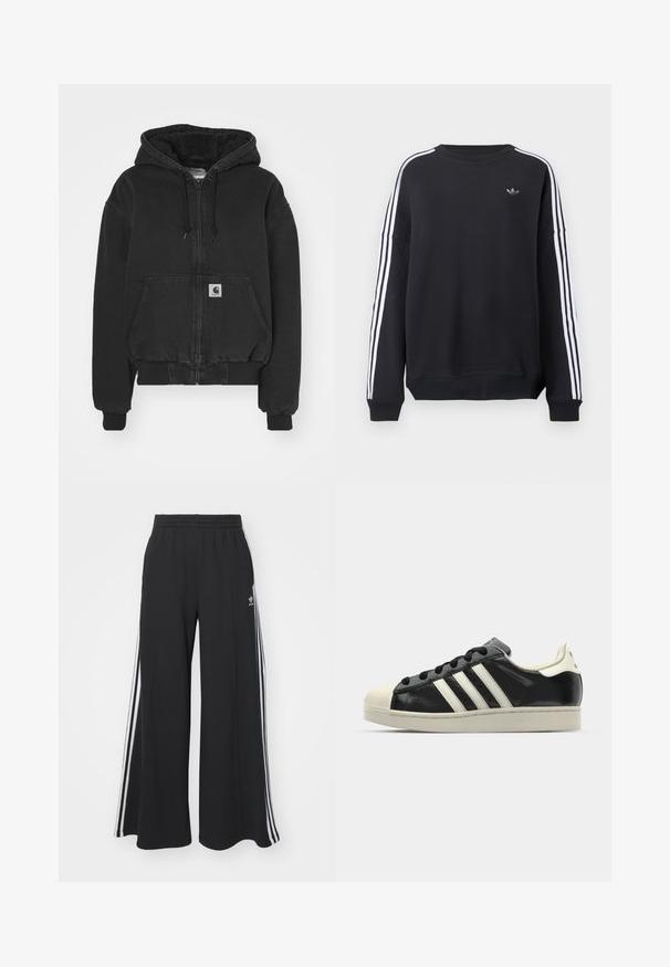 Carhartt WIP ACTIVE JACKET - Bomber Jacket - black stone washed; Black sweatshirt with long sleeves, white stripes running down each arm, and a small gray logo on the chest. Cotton material, casual fit.; Black wide-leg sweatpants with an elastic waistband, featuring white side stripes and an embroidered logo on the left thigh.; Black leather sneaker with white stripes, rubber toe cap, black laces, and a cream-colored outsole. Smooth texture with shiny finish.