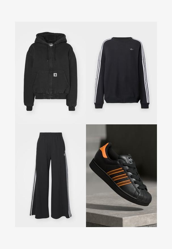 Carhartt WIP ACTIVE JACKET - Bomber Jacket - black stone washed; Black sweatshirt with long sleeves, white stripes running down each arm, and a small gray logo on the chest. Cotton material, casual fit.; Black wide-leg sweatpants with an elastic waistband, featuring white side stripes and an embroidered logo on the left thigh.; Black sneaker with orange accents, three horizontal stripes, textured leather upper, rubber toe cap, and black laces.