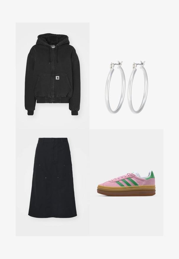 Carhartt WIP ACTIVE JACKET - Bomber stiliaus striukė - black stone washed; Juoda medvilnės marškinėliai su laisvu siluetu. Turi apvalų kaklą ir trumpas rankoves. Ant krūtinės yra maža auksinė siuvinėta logo.; Juoda medvilninė sijonas, turintis priekinius mygtukus, du didelius kišenių akcentus ir tiesią siluetą. Lygus paviršius.; Rožinės zomšinės sportbačiai su žaliomis juostelėmis, baltais akcentais ir ruda guma. Yra tekstūruota medžiaga ir logo detalės ant šono.; Sidabriniai auskarai su sklandžiu, poliruotu paviršiumi. Apvalios formos ir saugus uždarymo mechanizmas. Lengvas dizainas, tinkantis kasdieniam dėvėjimui.