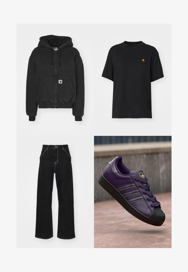Carhartt WIP ACTIVE JACKET - Blouson Bomber - black stone washed; T-shirt en coton noir à coupe décontractée. Présente un col rond et des manches courtes. Comprend un petit logo doré brodé sur la poitrine.; Jean large noir en denim, avec des coutures blanches contrastantes et une fermeture à bouton à l'avant, ainsi que deux poches avant en biais.; Sneaker en cuir violet avec un capuchon en caoutchouc noir, des rayures noires et des lacets assortis. Surface texturée avec un design cousu.