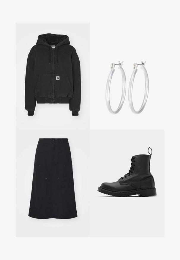 Carhartt WIP ACTIVE JACKET - Pilotska jakna - black stone washed; Dva majica bez rukava u crnoj i bijeloj boji, izrađene od rebrastog pamuka, s okruglim izrezima i prianjajućim dizajnom. Oznake su vidljive na obje.; Crna suknja od pamuka, s prednjim zatvaranjem na gumbe, dva velika detalja džepa i ravnim drugim siluetom. Glatka tekstura.; Crne kožne vojničke čizme s okruglim vrhom, vezicama sprijeda i petljom na gležnju. Imaju gusti gumeni potplat za izdržljivost.; Srebrne kružne naušnice s glatkom, poliranom površinom. Okrugli oblik i sigurno kopčanje na klik. Lagani dizajn pogodan za svakodnevno nošenje.