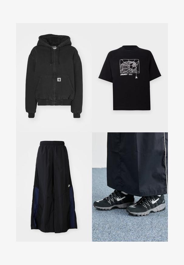 Carhartt WIP ACTIVE JACKET - Blouson Bomber - black stone washed; T-shirt noir en coton à manches courtes. Présente un graphisme de toile d'araignée blanche et un logo à l'avant. Encolure ronde simple.; Pantalons larges noirs en tissu léger, avec un panneau latéral bleu marine et une taille élastique. Petit logo blanc en bas.; Des chaussures de sport noires avec un dessus texturé, des accents argentés et une semelle extérieure à motifs, associées à un long vêtement noir. Présentées sur un tapis bleu.