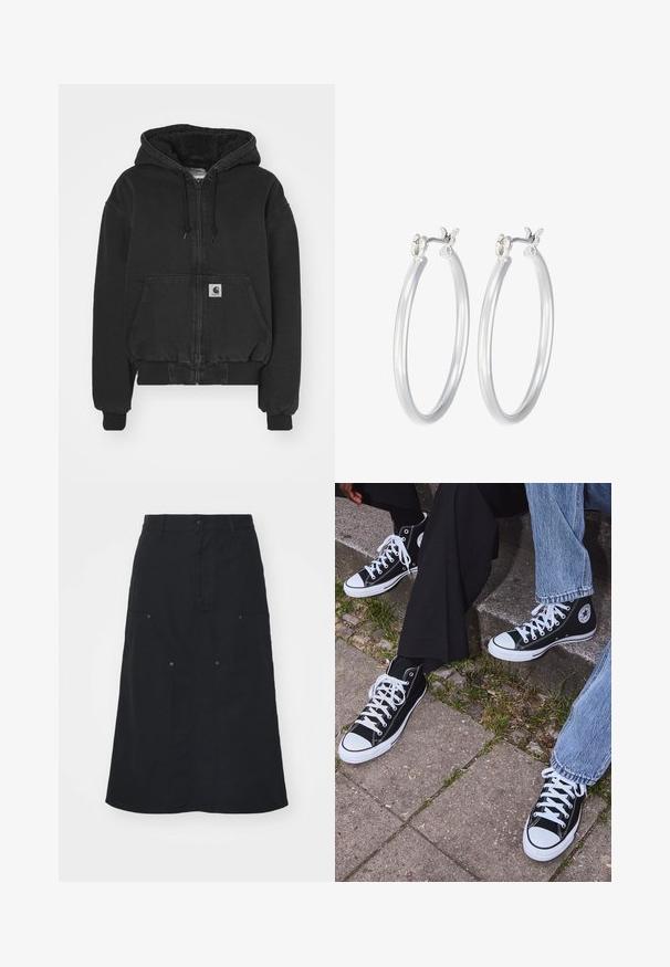 Carhartt WIP ACTIVE JACKET - Bomberjacka - black stone washed; Kortärmad T-shirt i ljusrosa, tillverkad av mjukt material. Har rundad halsringning och korta ärmar med en liten vit Nike-logotyp på bröstet.; Svart kjol i bomull, med knappstängning framtill, två stora fickor och rak silhuett. Slät textur.; Svarta högtopps kanvasskor med vita gummisulor och snören, med en cirkulär logotyp på sidan och kombinerade med jeans och svarta byxor.; Silverfärgade hoopörhängen med en slät, polerad yta. Rund form och säker klickstängning. Lättviktig design som passar för vardagligt bruk.